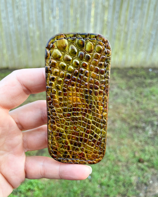 Micro H.D. Olive Green Alligator Leather Knife Slip, Brown Stitching