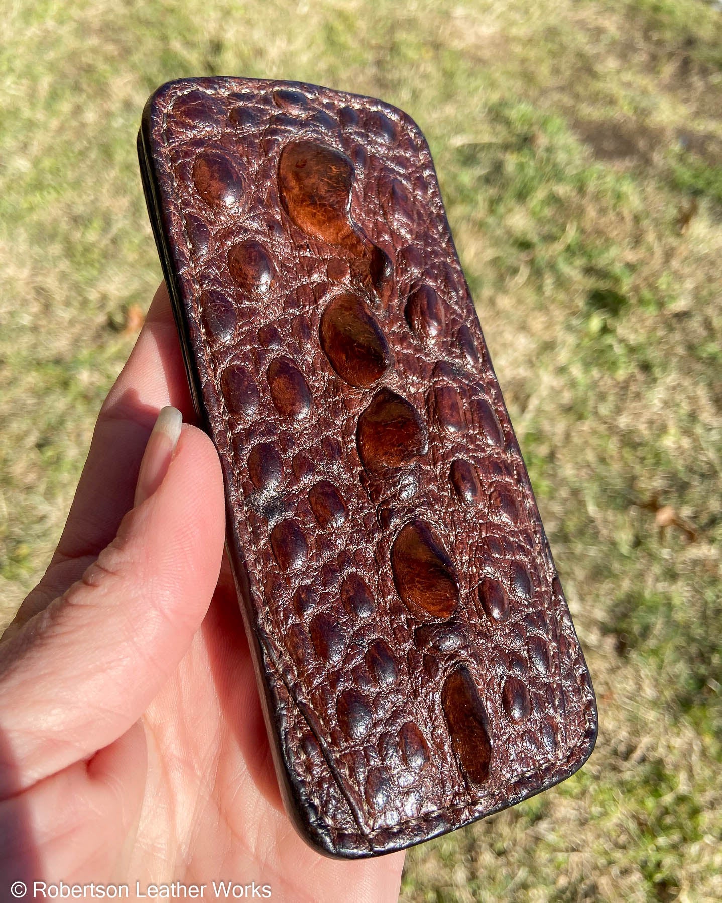 Large Double Brown Snapping Turtle Tail Leather Knife Slip, Brown Stitching