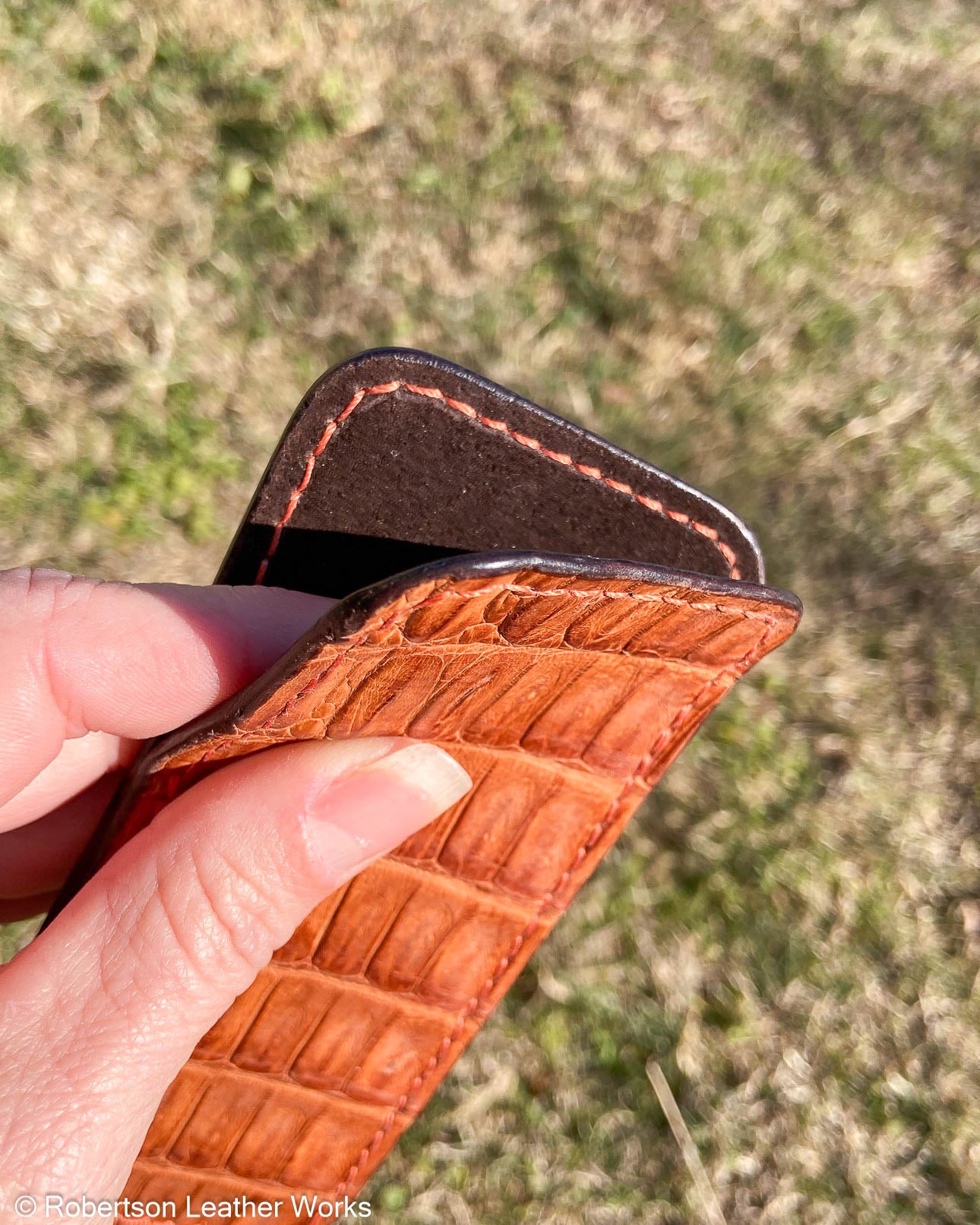 Large Cognac Caiman Leather Knife Slip, Rust Stitching