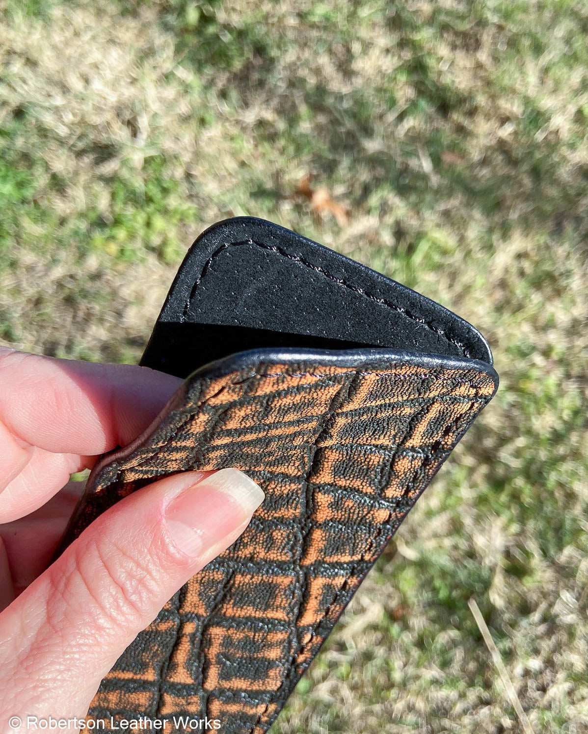 Large Cognac Safari Elephant Leather Knife Slip, Black Stitching