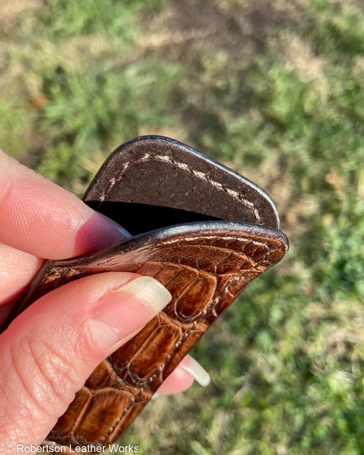 Micro Antique Brown Alligator Leather Knife Slip, Brown Stitching