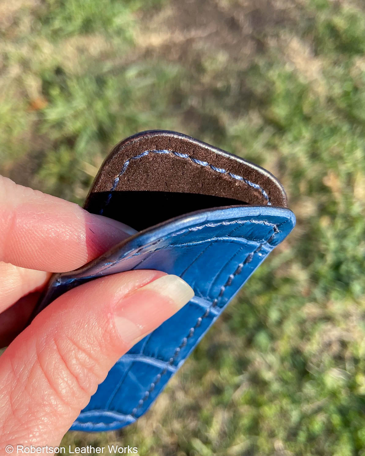 Micro Blue Crocodile Leather Knife Slip, Navy Stitching