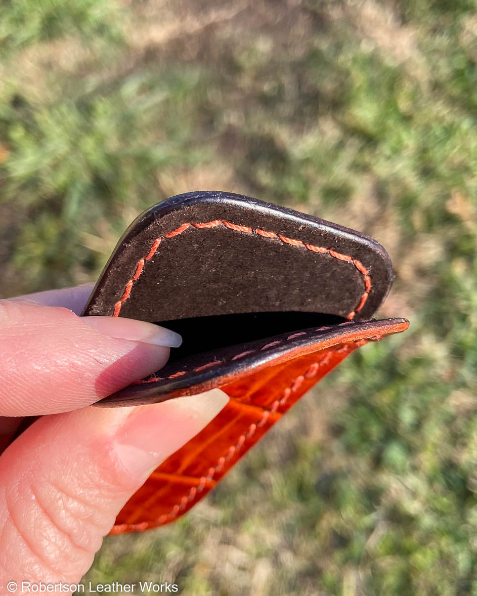 Micro Sienna Alligator Leather Knife Slip, Rust Stitching