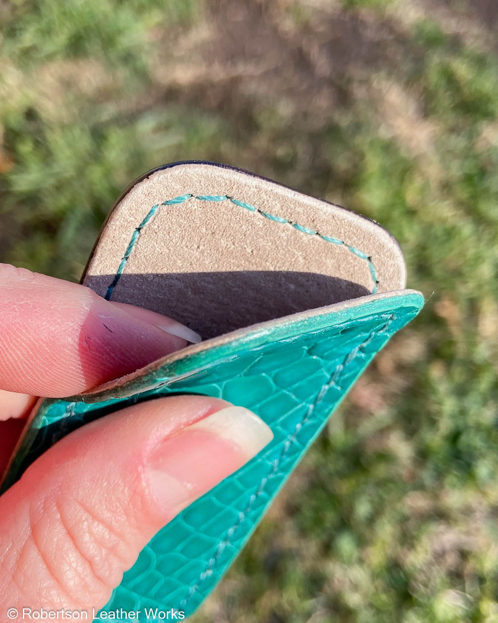 Micro Green-Turquoise Alligator Leather Knife Slip, Turquoise Stitching