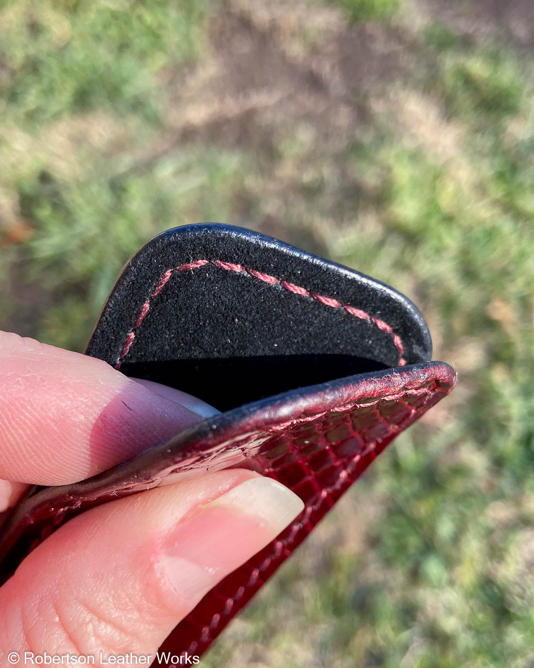 Micro Dark Red Alligator Leather Knife Slip, Burgundy Stitching