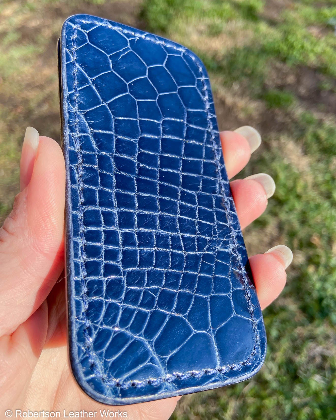 Medium Navy Alligator Leather Knife Slip, Navy Stitching