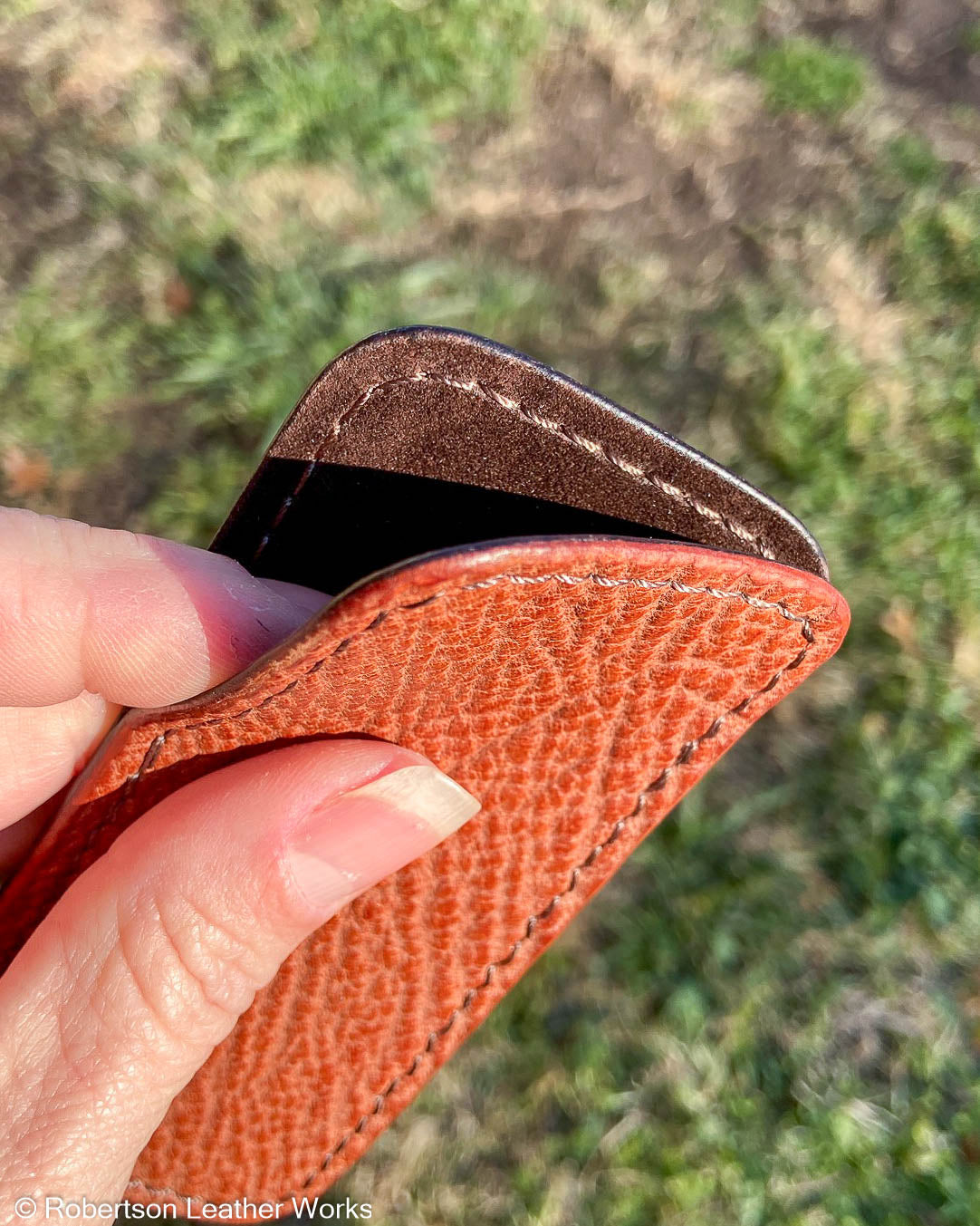 Medium Cognac Shark Leather Knife Slip, Brown Stitching