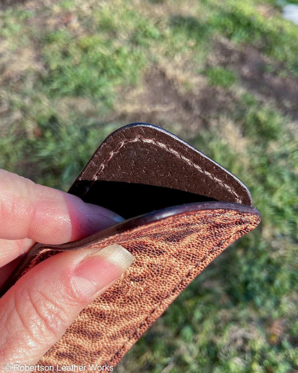 Medium Vintage Peat Elephant Ear Leather Knife Slip, Brown Stitching