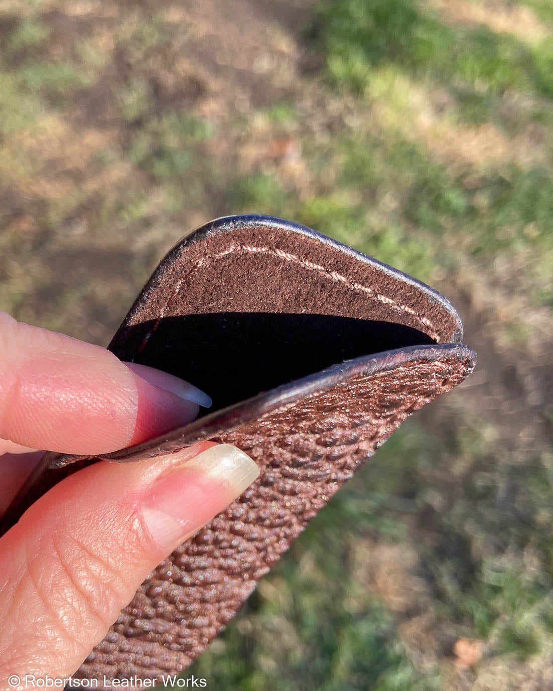 Small Brown Snapping Turtle Leather Knife Slip, Brown Stitching