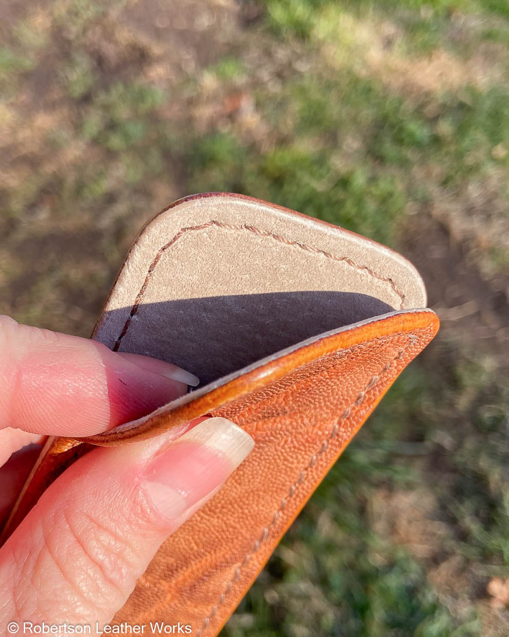 Small Antique Peat Elephant Leather Knife Slip, Light Brown Stitching
