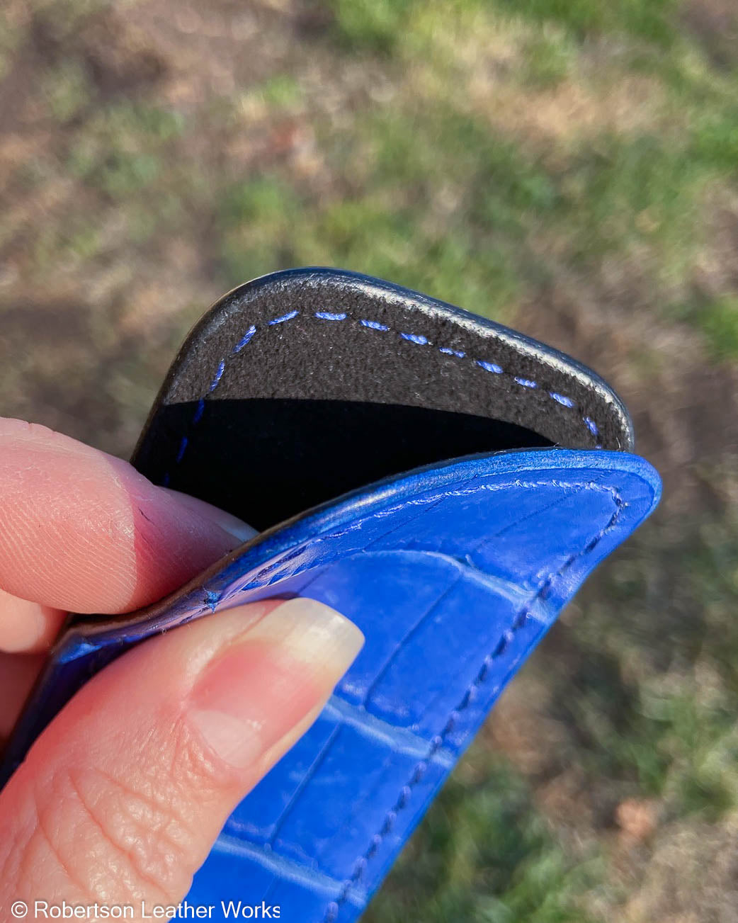 Small Cobalt Blue Alligator Leather Knife Slip, Cobalt Stitching