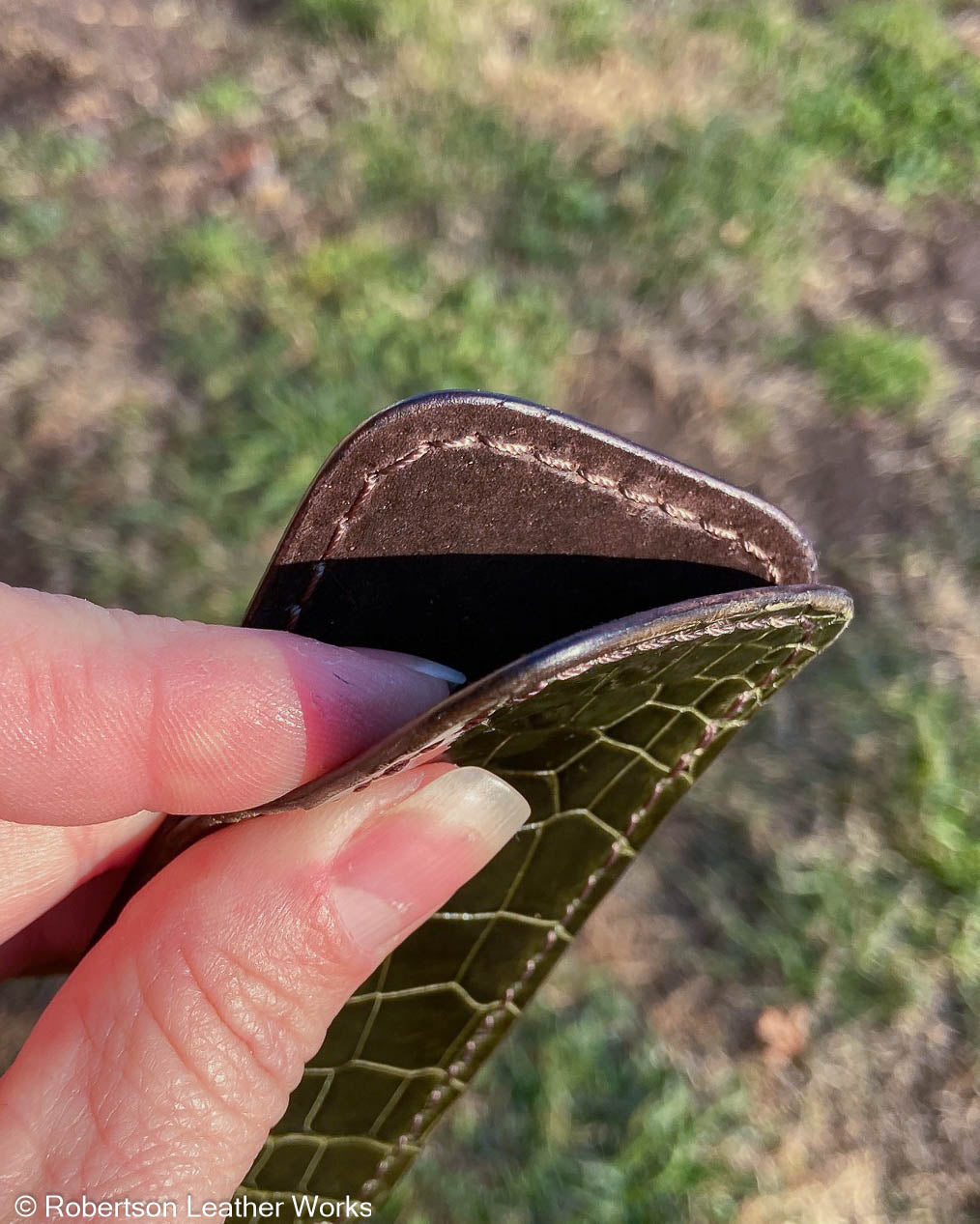 Small Glazed Dark Green Alligator Leather Knife Slip, Brown Stitching