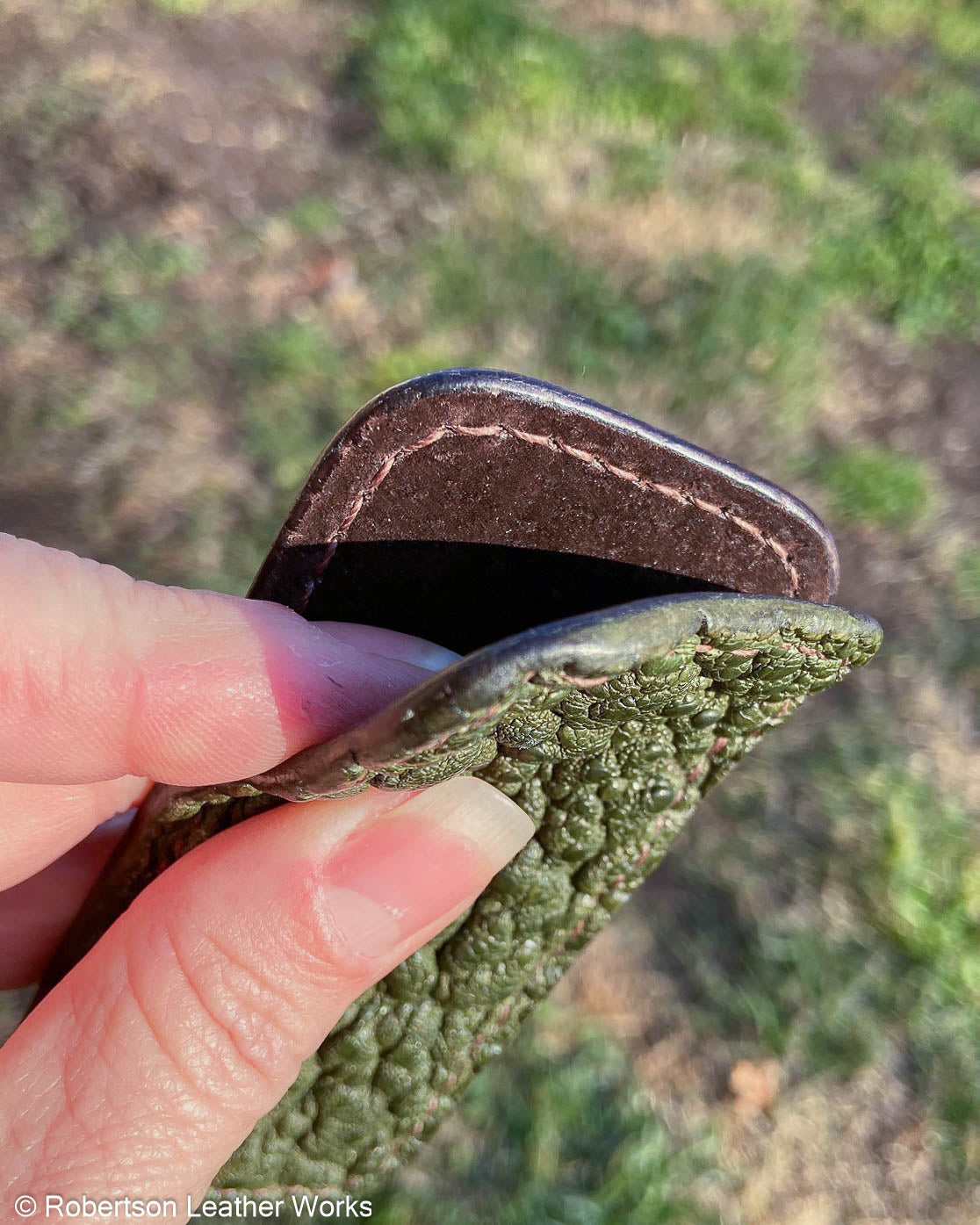 Small Olive Snapping Turtle Leather Knife Slip, Light Brown Stitching