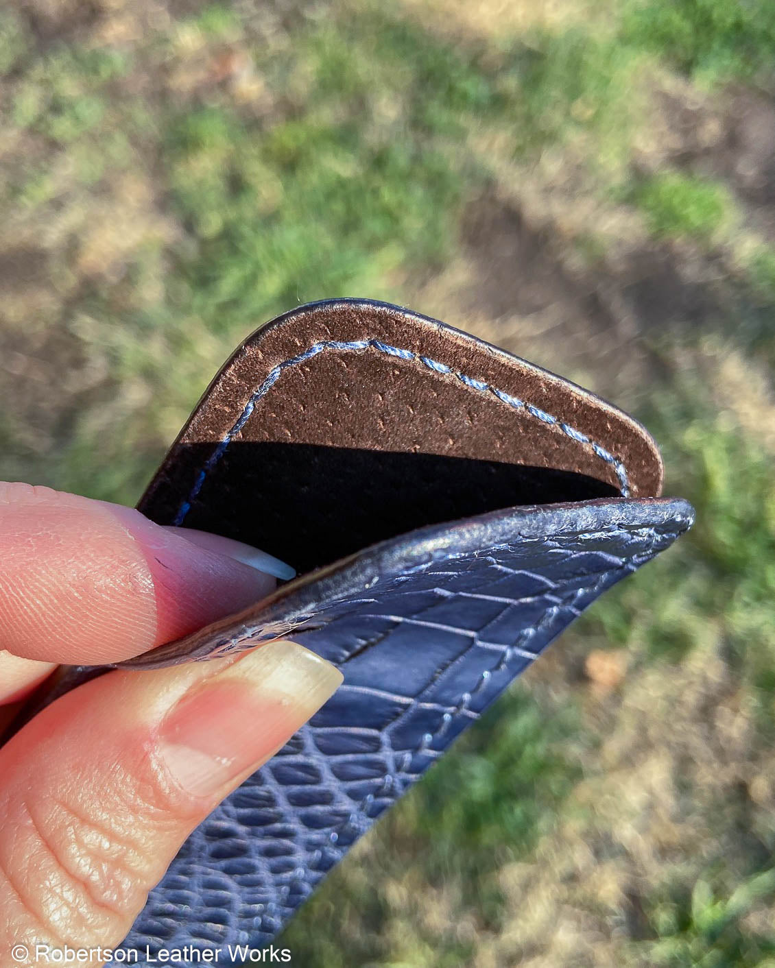 Small Navy Alligator Leather Knife Slip, Navy Stitching