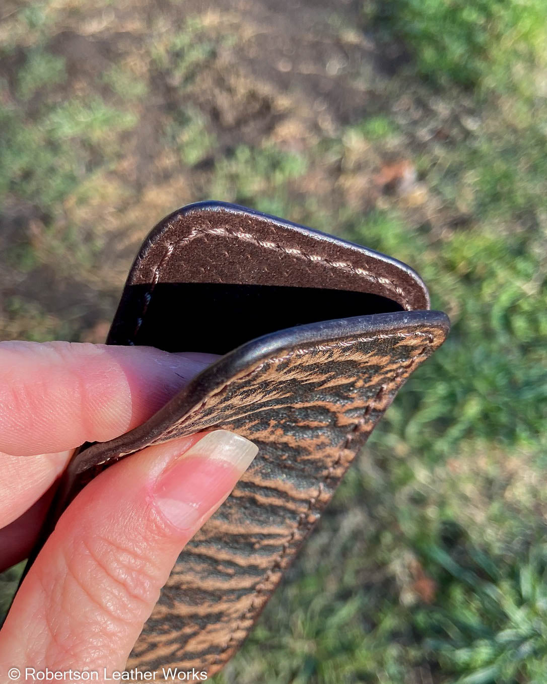 Schmedium Tan Safari Shark Leather Knife Slip, Brown Stitching