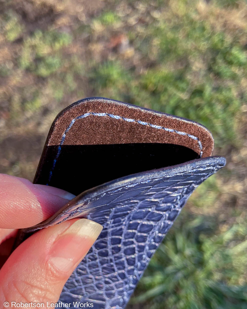 Schmedium Navy Alligator Leather Knife Slip, Navy Stitching