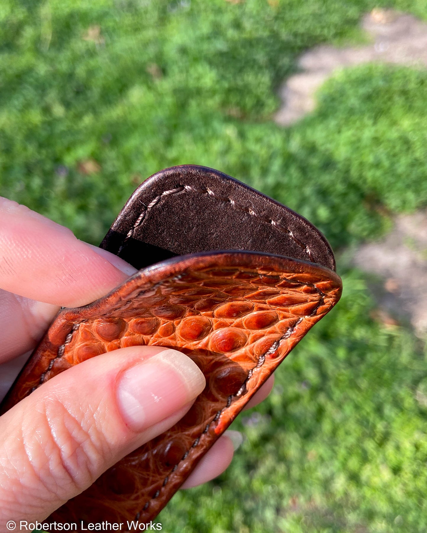 Micro Sienna Alligator Leather Knife Slip, Brown Stitching
