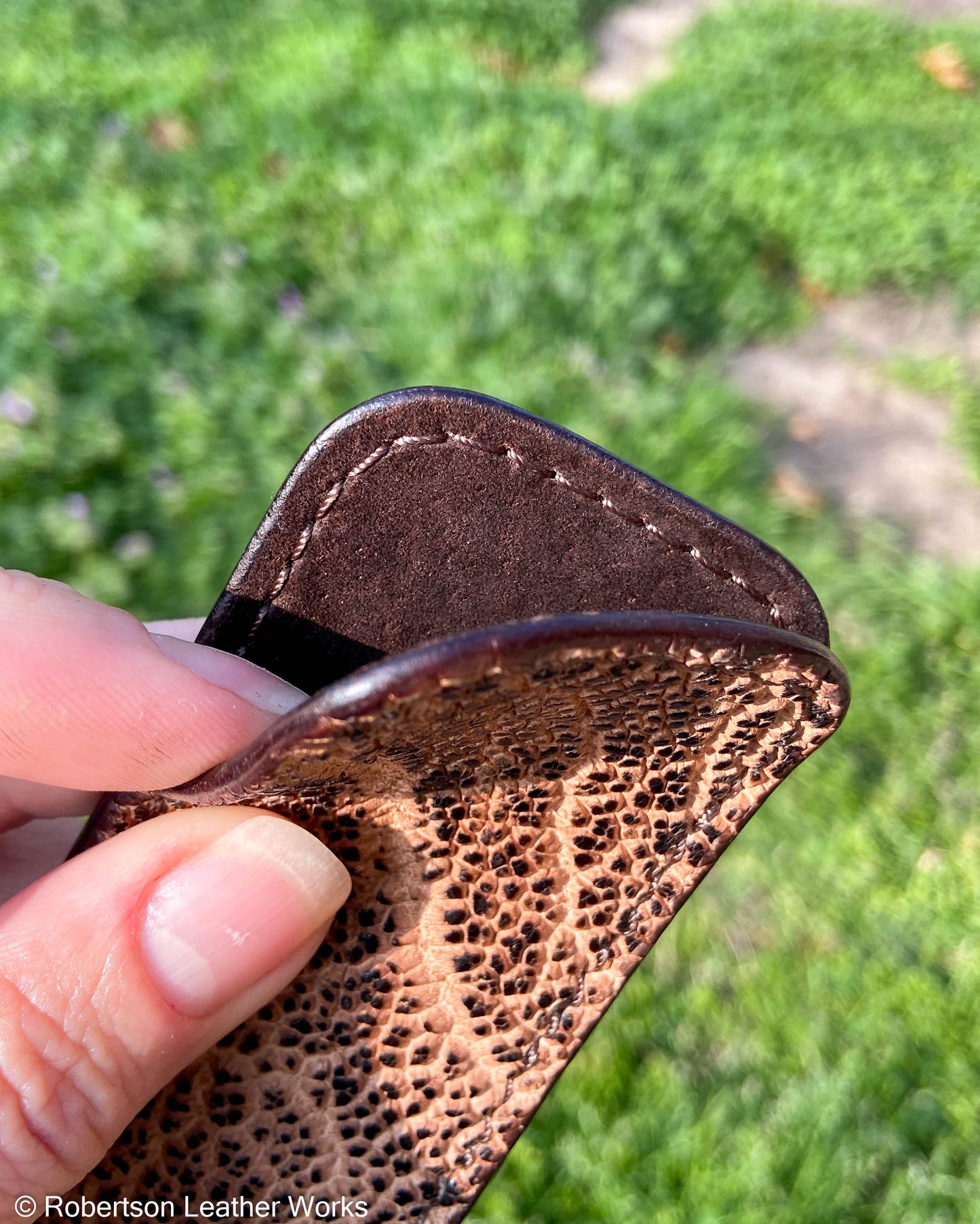 Small Vintage Peat Elephant Leather Knife Slip, Brown Stitching