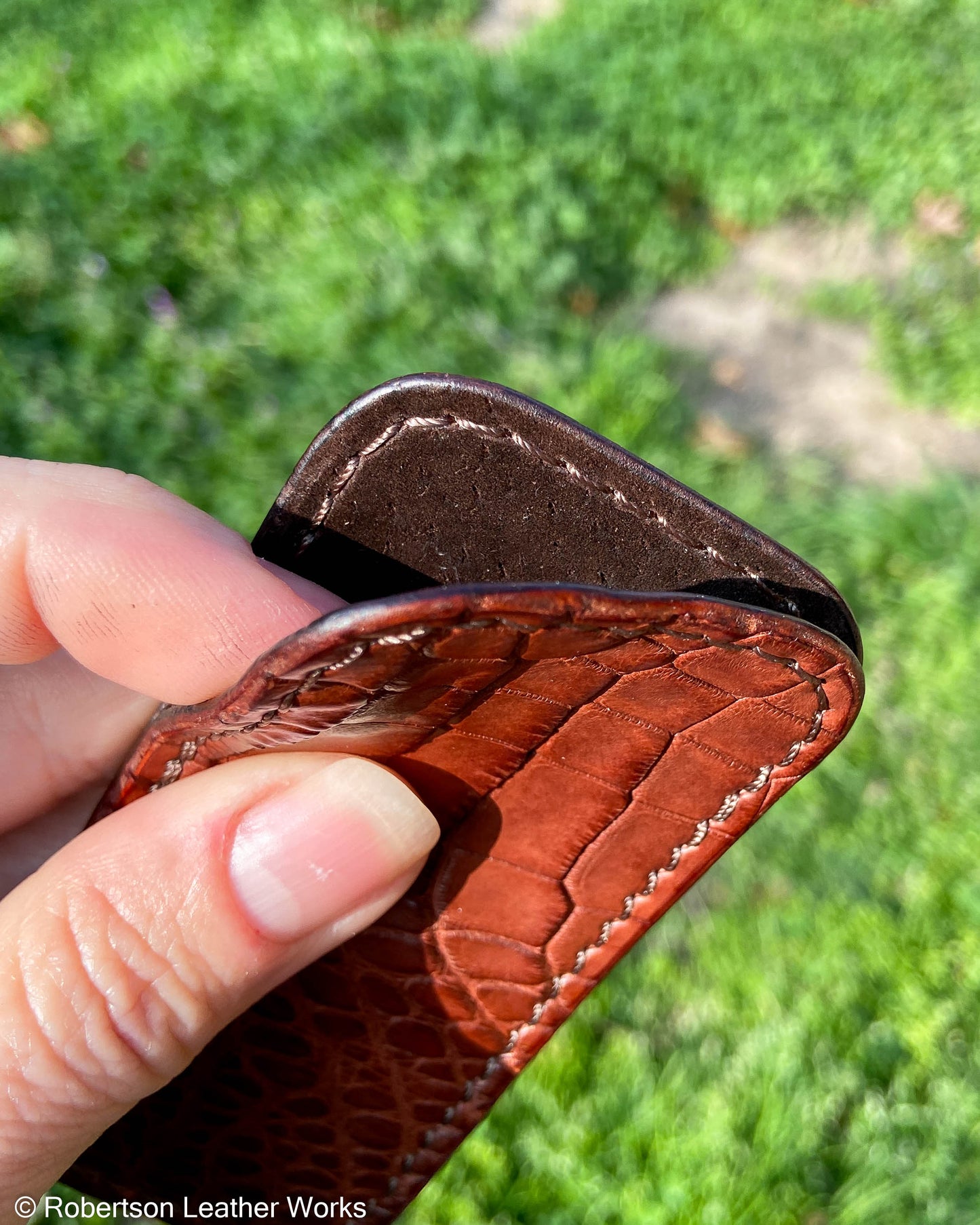 Small Rust Alligator Leather Knife Slip, Brown Stitching