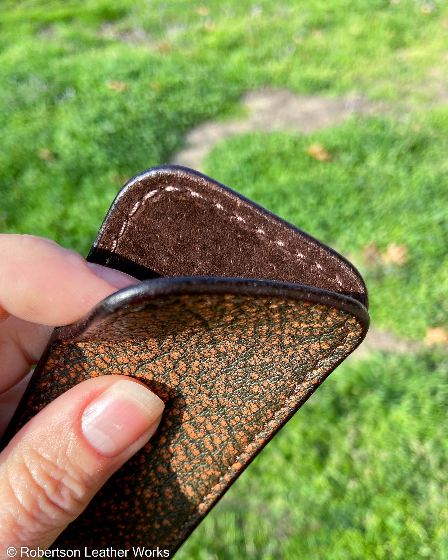 Schmedium Safari Cognac Cape Buffalo Leather Knife Slip, Brown Stitching