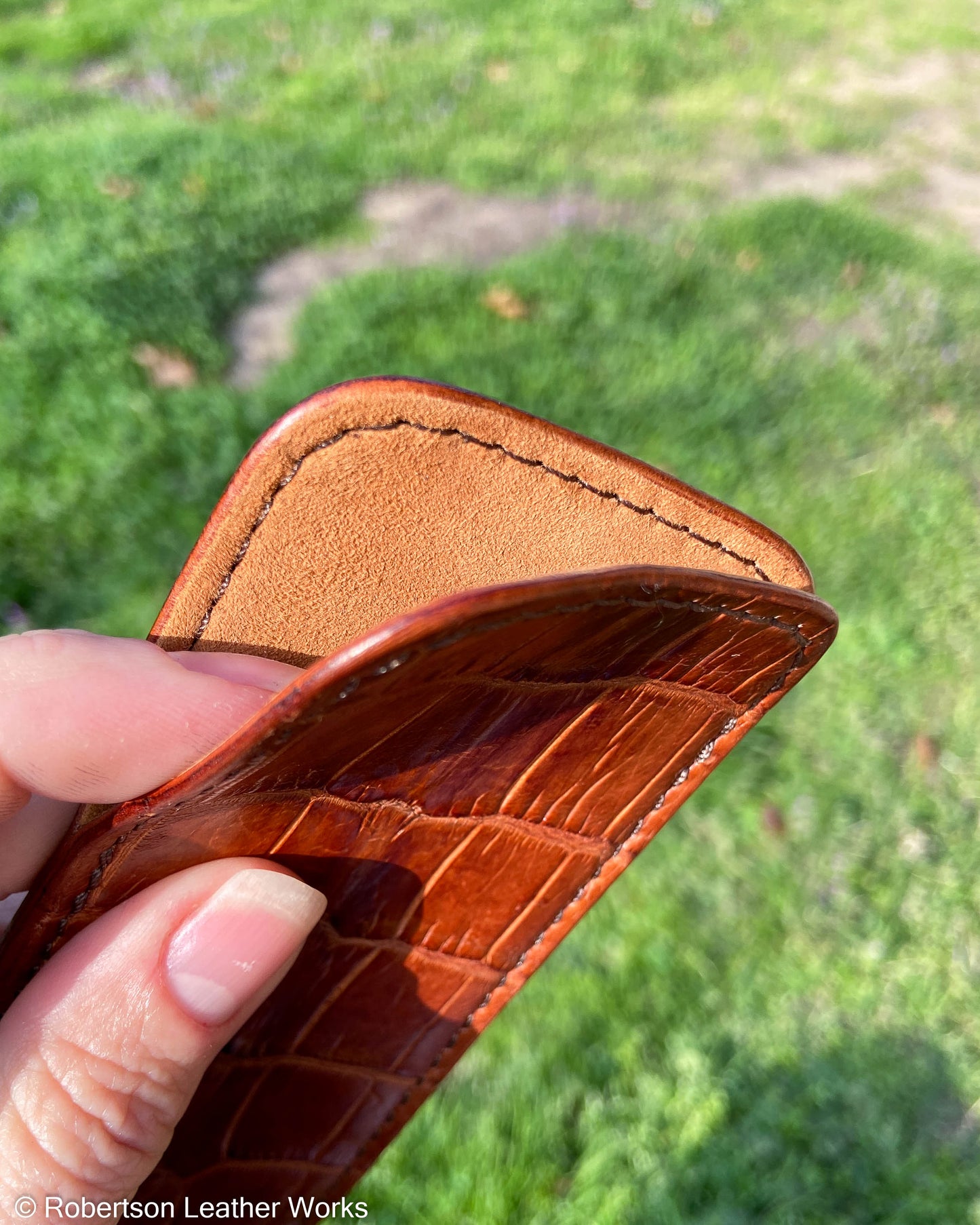 Large Sienna Alligator Leather Knife Slip, Brown Stitching