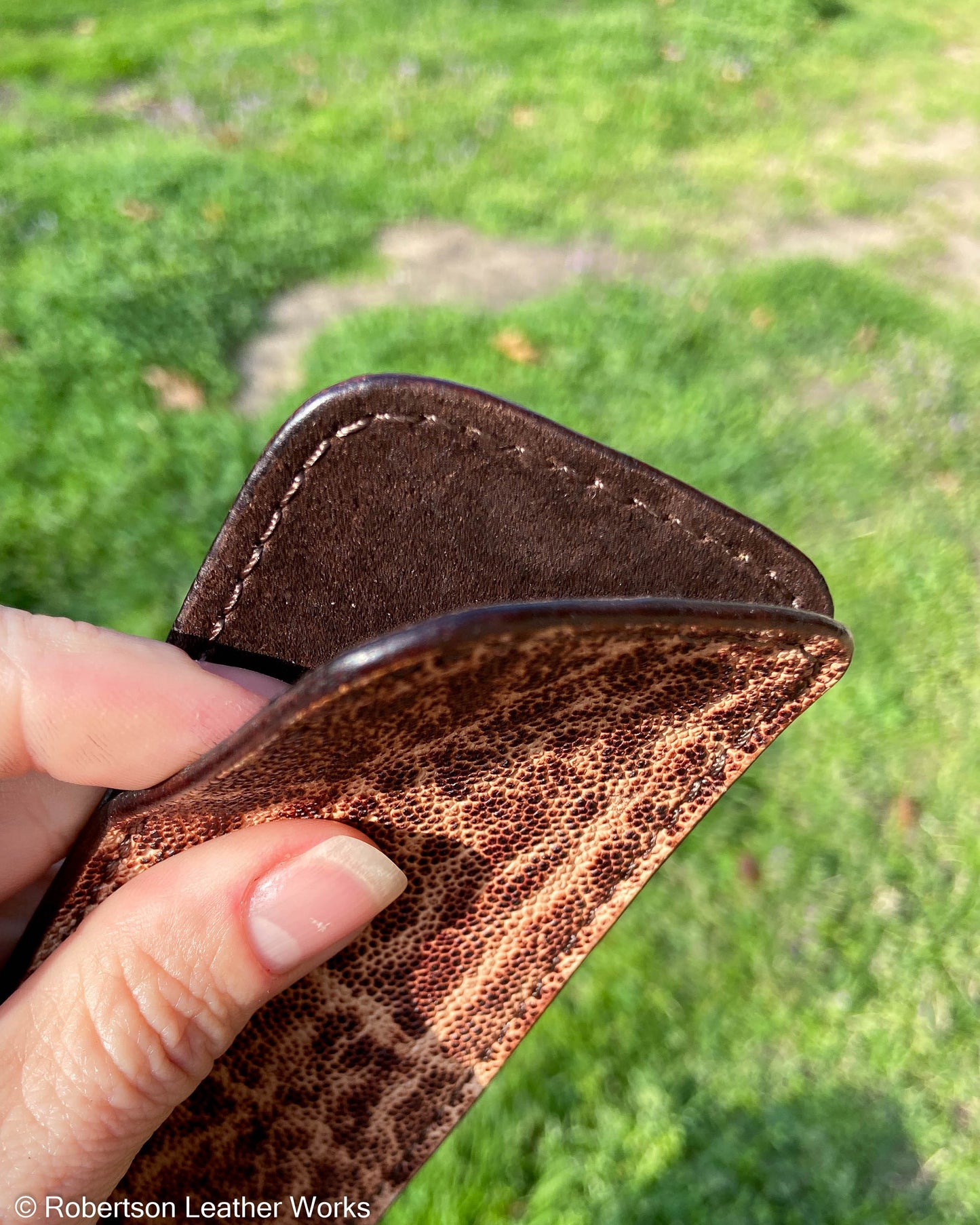 Large Vintage Peat Elephant Ear Leather Knife Slip, Brown Stitching