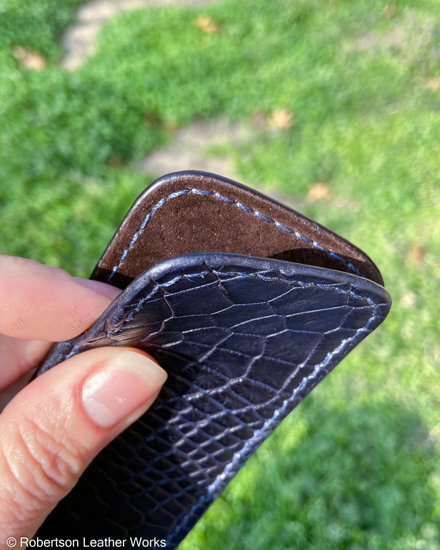 Medium Navy Alligator Leather Knife Slip, Navy Stitching