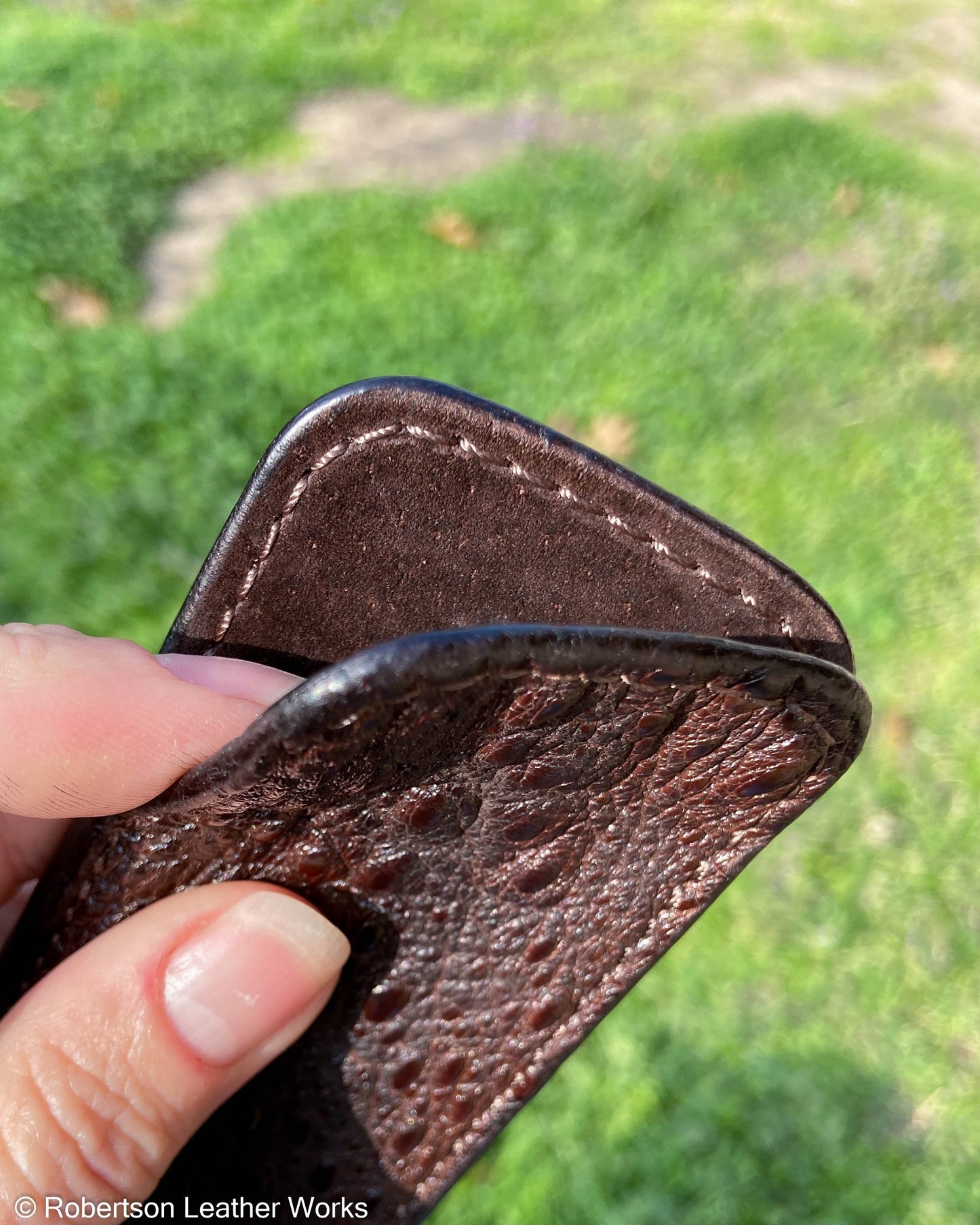 Medium Brown Snapping Turtle Leather Knife Slip, Brown Stitching