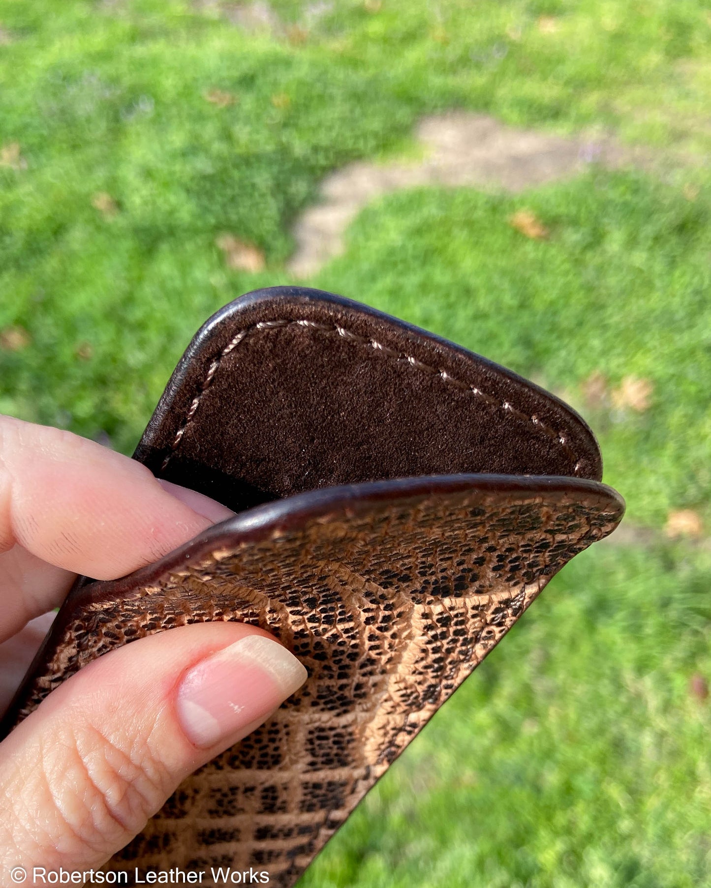 Medium Vintage Peat Elephant Leather Knife Slip, Brown Stitching