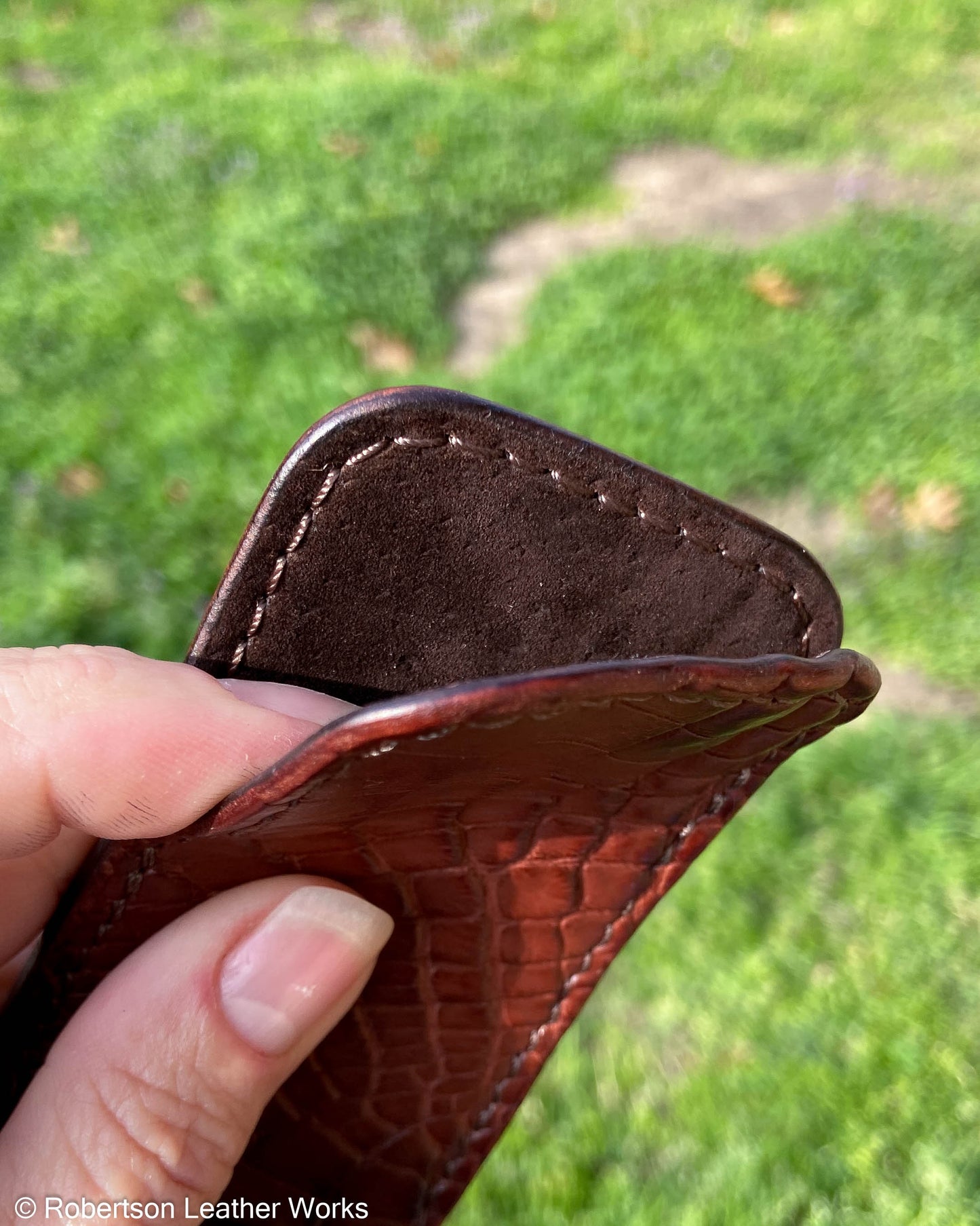 Medium Rust Alligator Leather Knife Slip, Brown Stitching