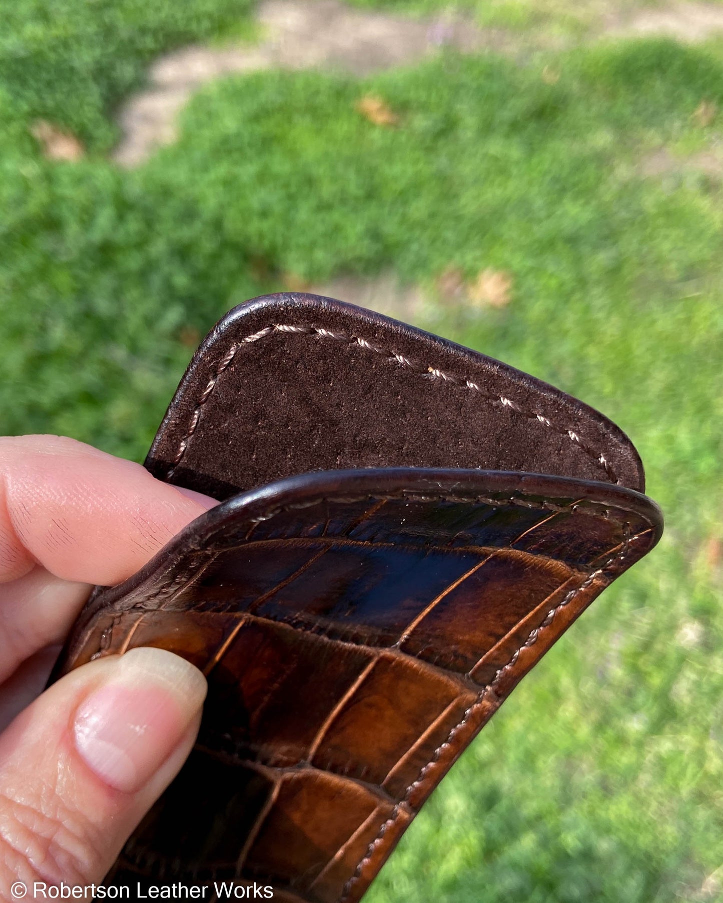 Medium Antique Brown Alligator Leather Knife Slip, Brown Stitching