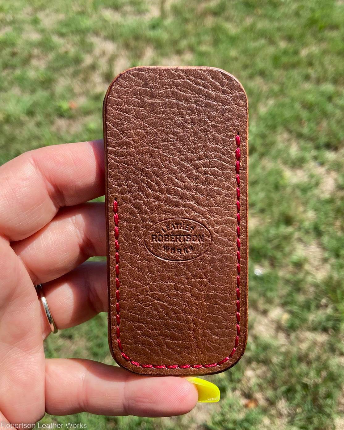 Micro Brown Minerva Leather Knife Slip, Red Stitching