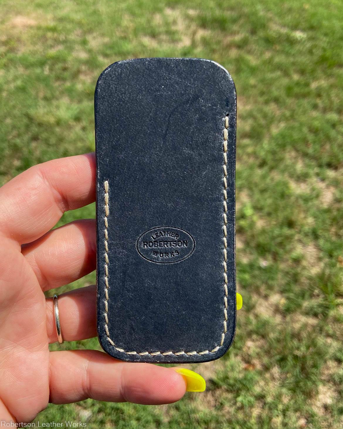 Small Denim Leather Knife Slip, Cream Stitching