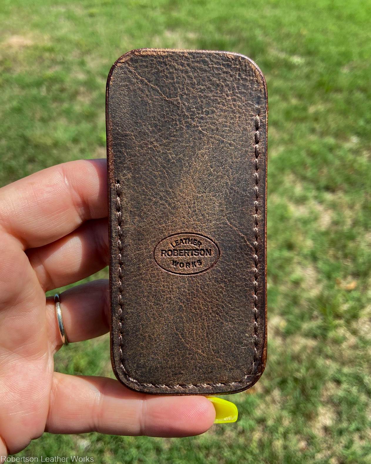 Small Dark Brown Leather Knife Slip, Brown Stitching 1