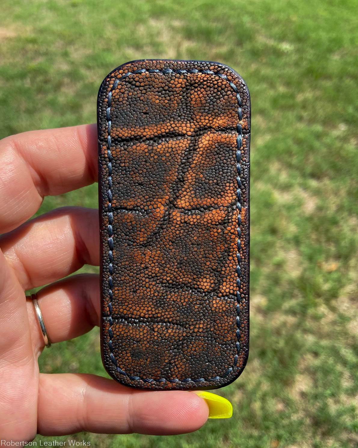 Micro Dark Safari Cognac Elephant Leather Knife Slip, Charcoal Stitching 1