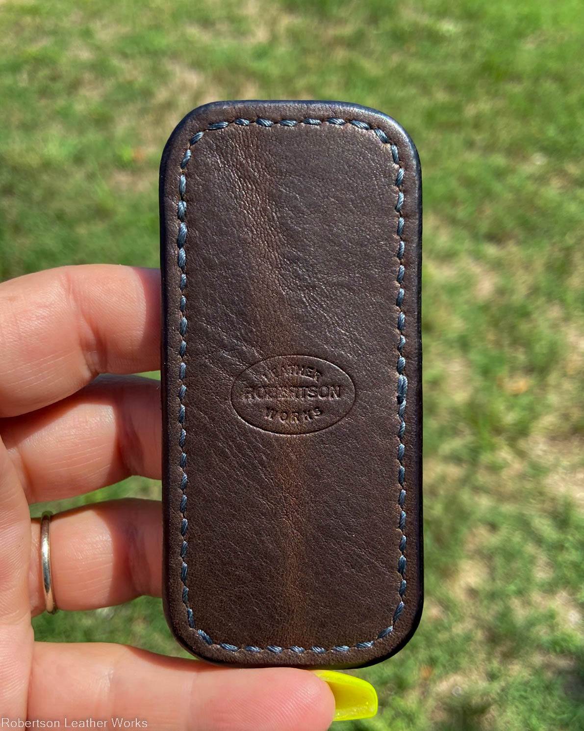 Micro Dark Safari Cognac Elephant Leather Knife Slip, Charcoal Stitching 1