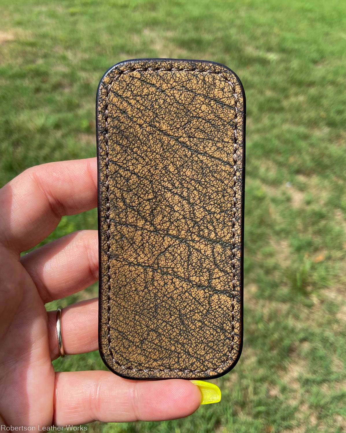 Small Double Safari Tan Cape Buffalo Leather Knife Slip, Brown Stitching