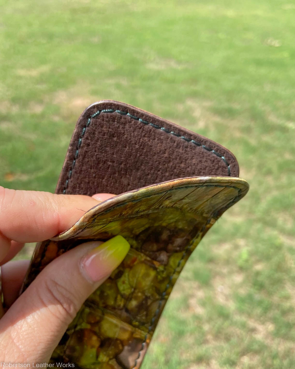 Large H.D. Green Spots Alligator Leather Knife Slip, Forrest Stitching
