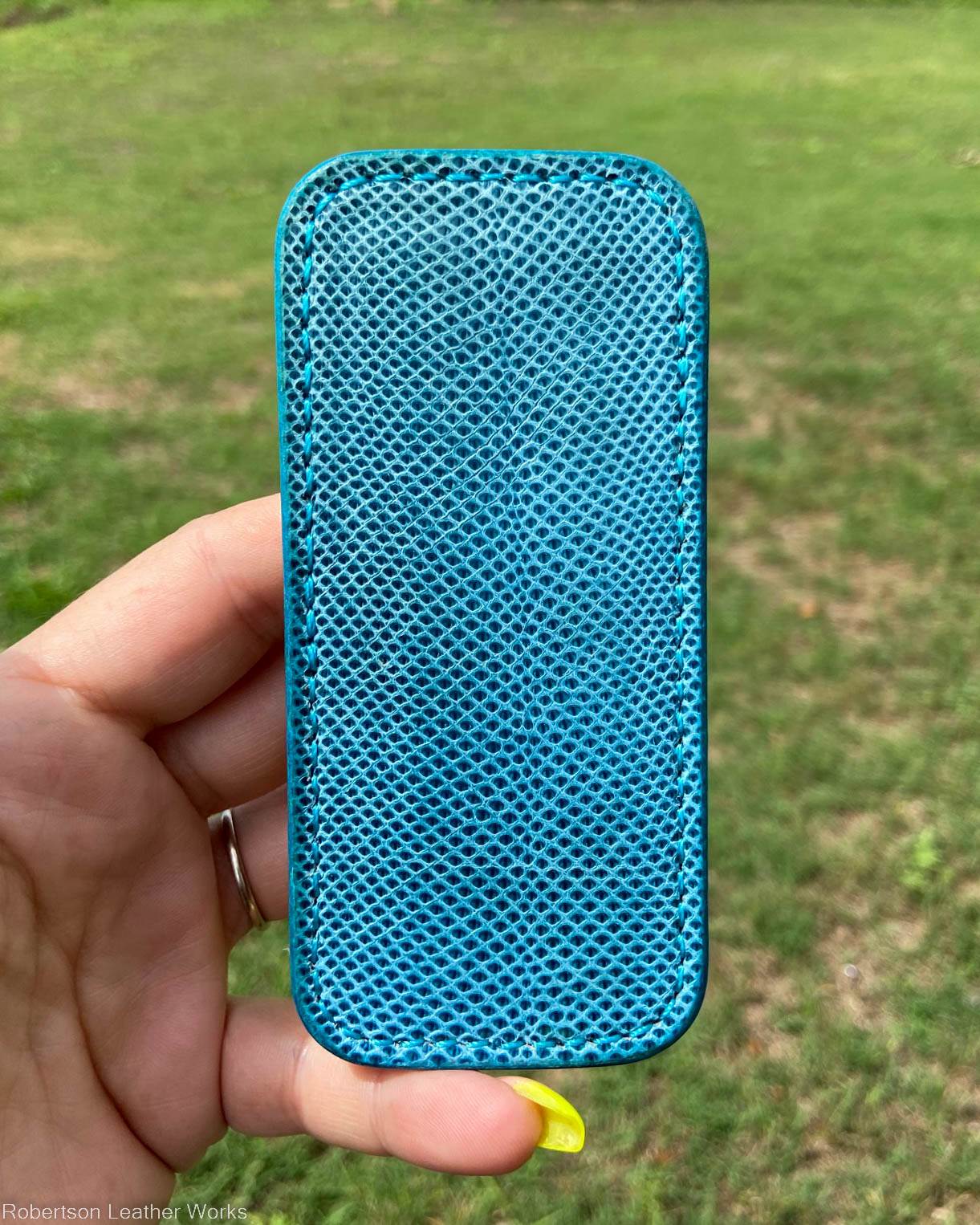 Medium Light Blue Karung Snake Leather Knife Slip, Turquoise Stitching