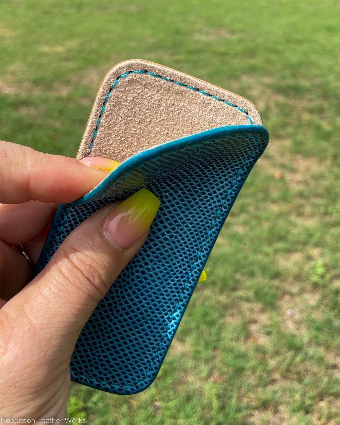 Medium Light Blue Karung Snake Leather Knife Slip, Turquoise Stitching