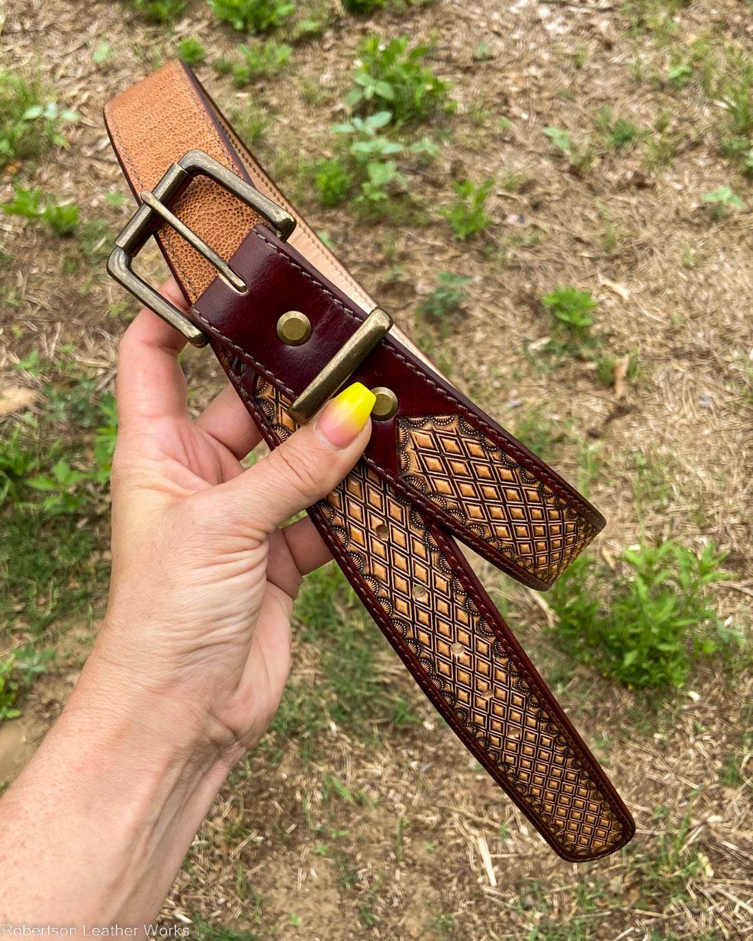 Diamond Stamp & Cognac Elephant Leather Belt