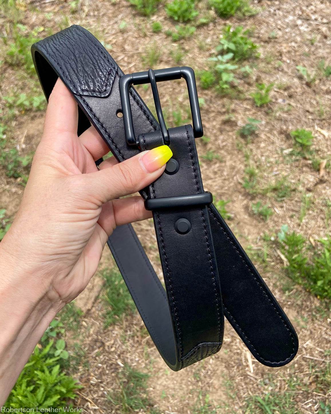 Black Shark Leather Belt, Black Stitching