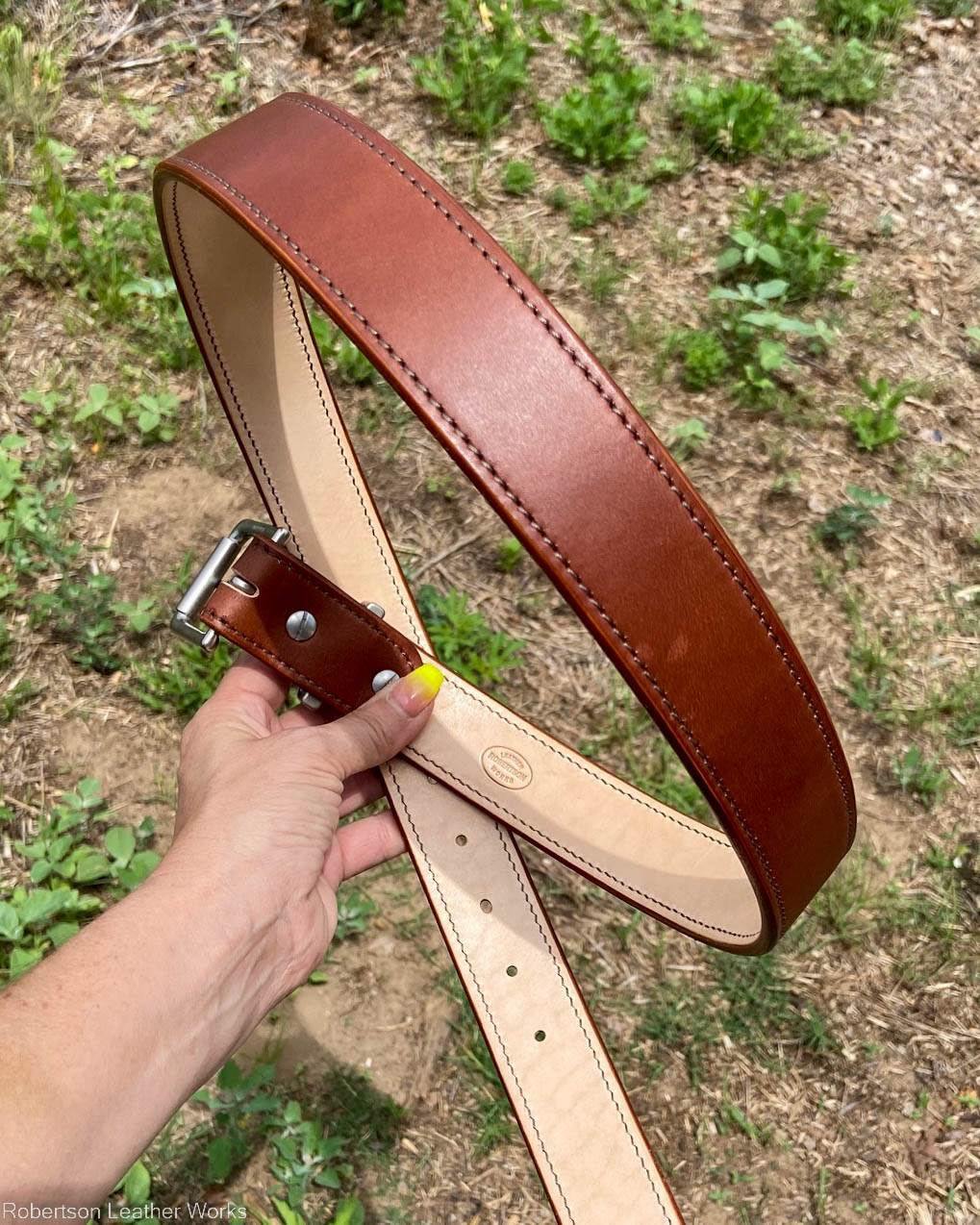 Light Brown Veg Tan Leather Belt, Brown Stitching