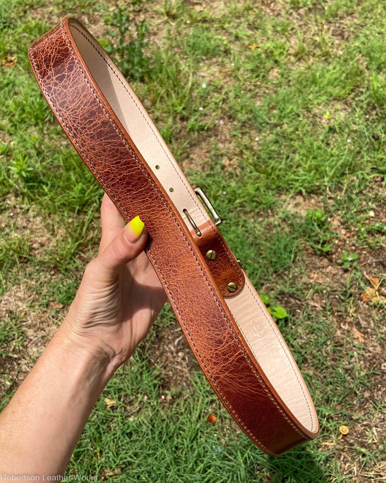 Vintage Tan Water Buffalo Leather Belt, Brown Stitching