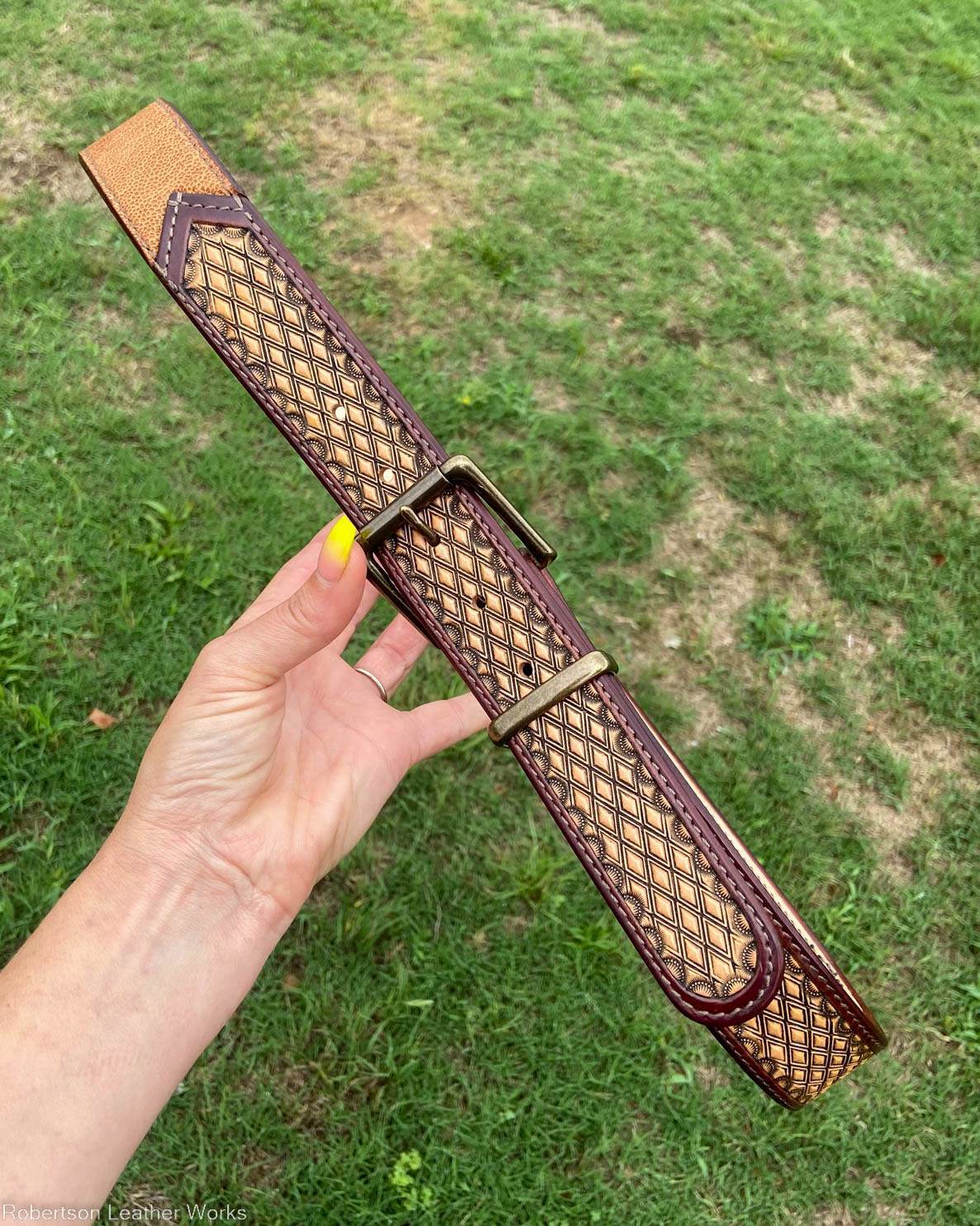 Diamond Stamp & Cognac Elephant Leather Belt