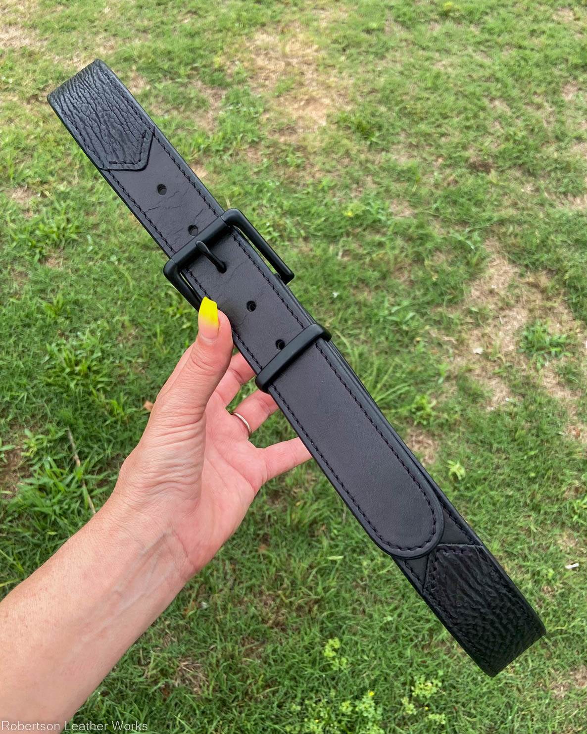 Black Shark Leather Belt, Black Stitching