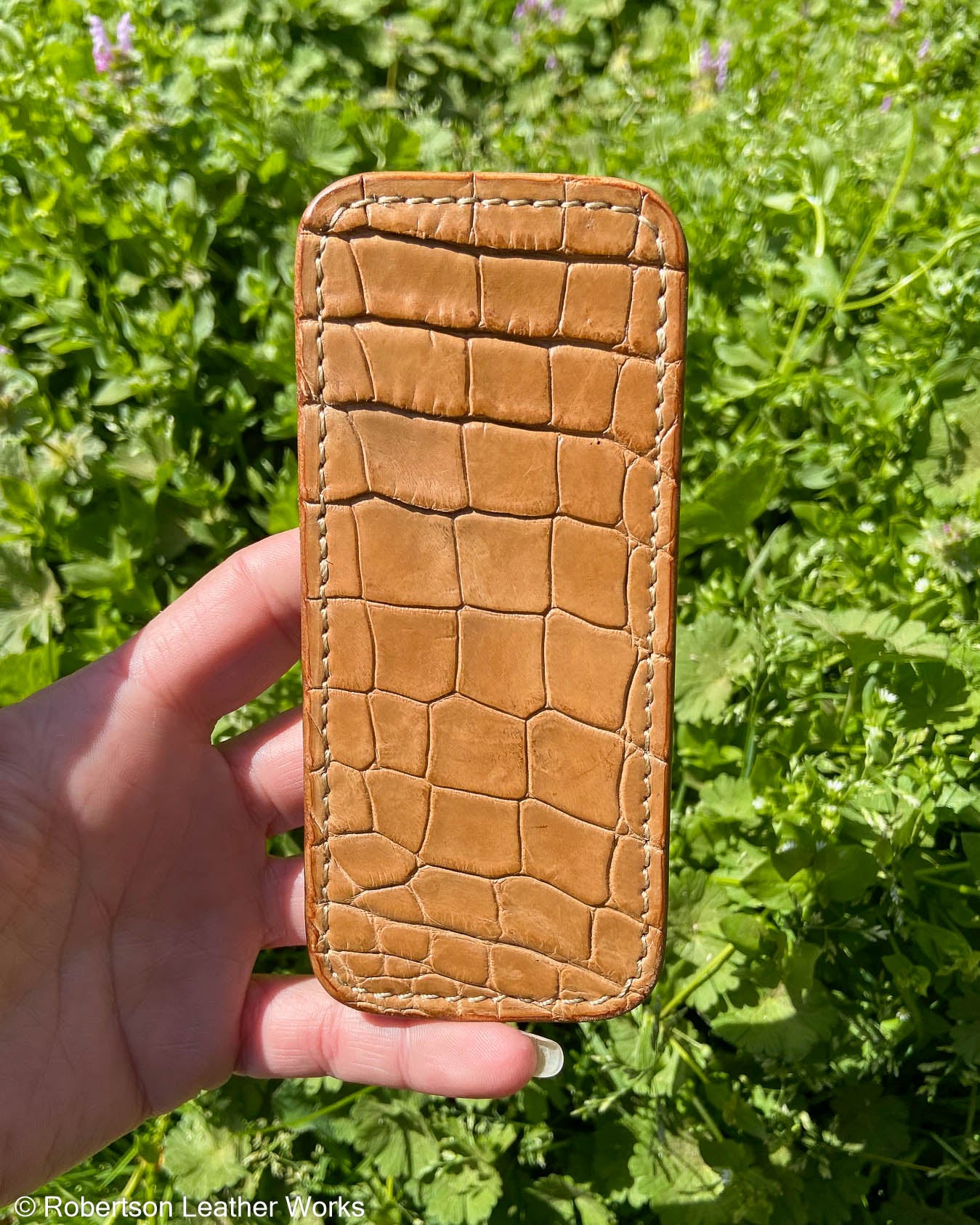 Large Tan Alligator Leather Knife Slip, Cream Stitching