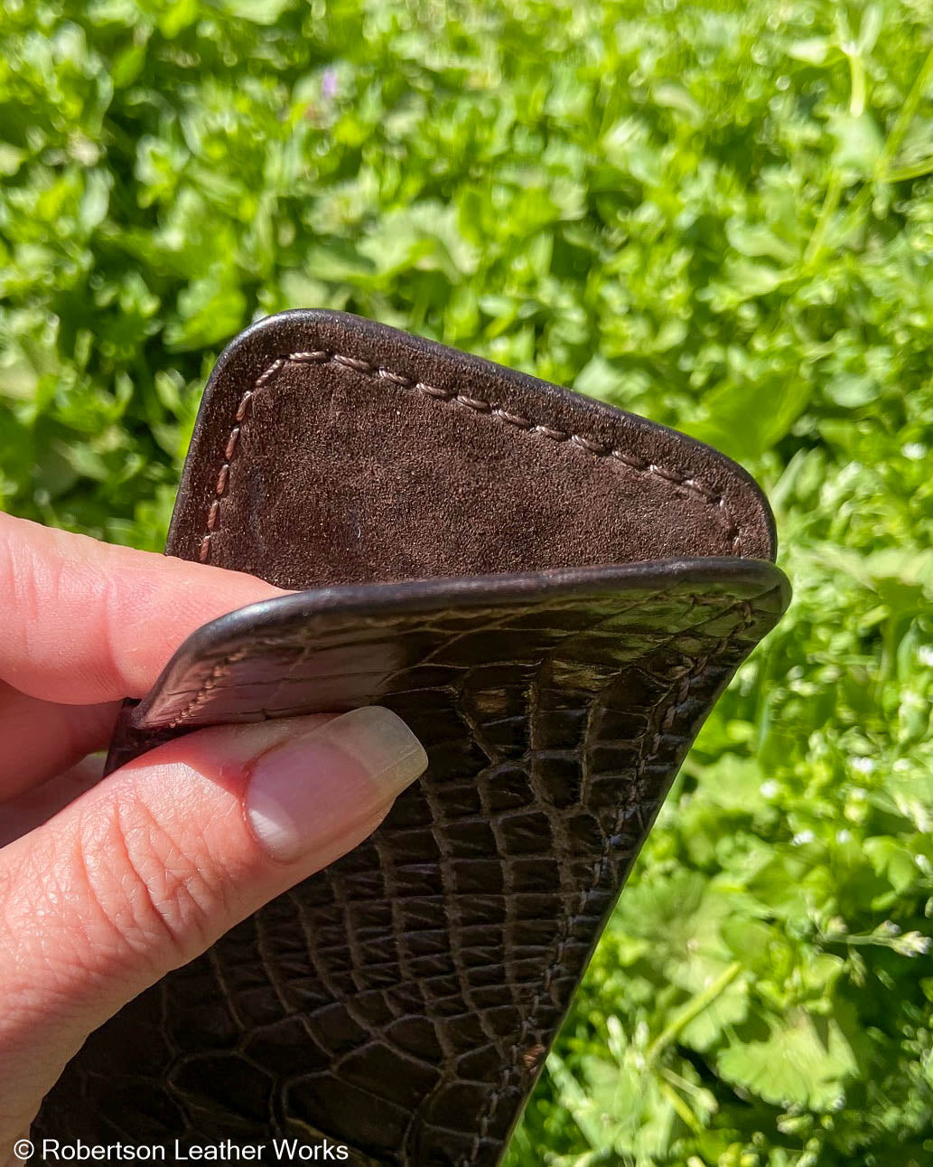 Large Dark Brown Alligator Leather Knife Slip, Brown Stitching 2