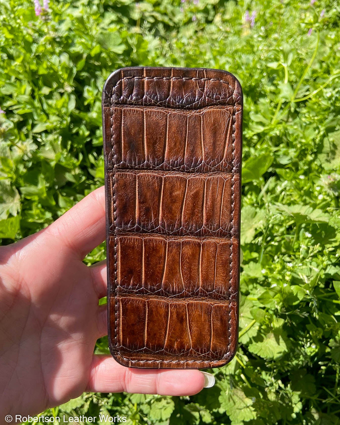 Large Antique Brown Alligator Leather Knife Slip, Brown Stitching