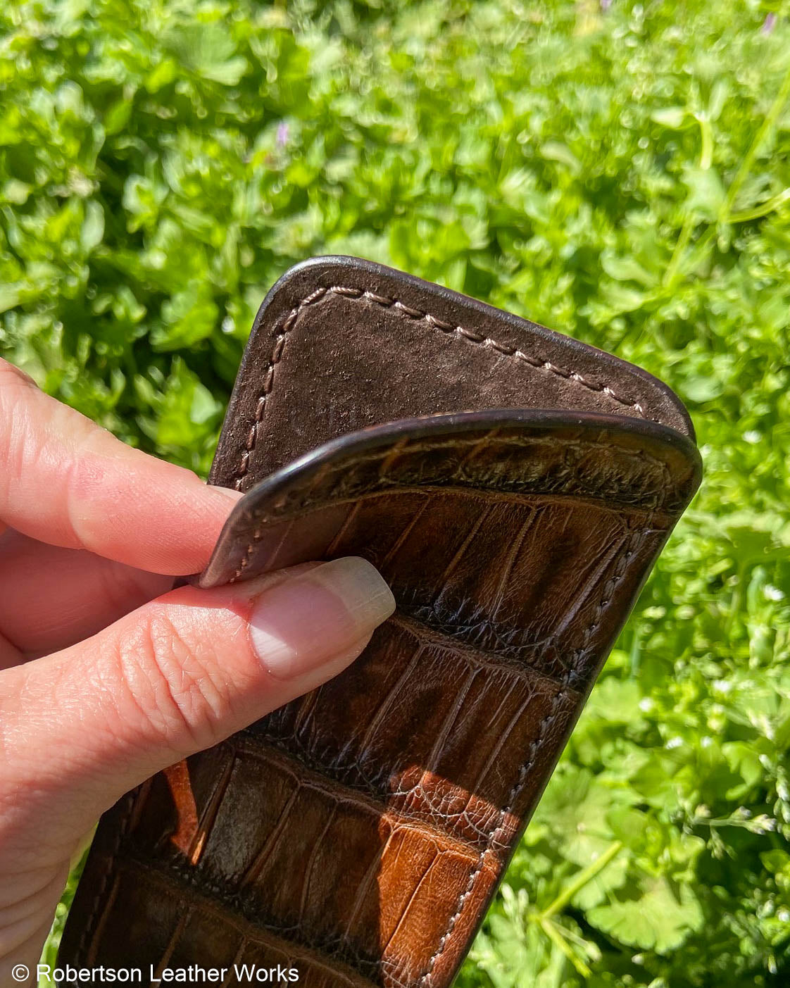Large Antique Brown Alligator Leather Knife Slip, Brown Stitching